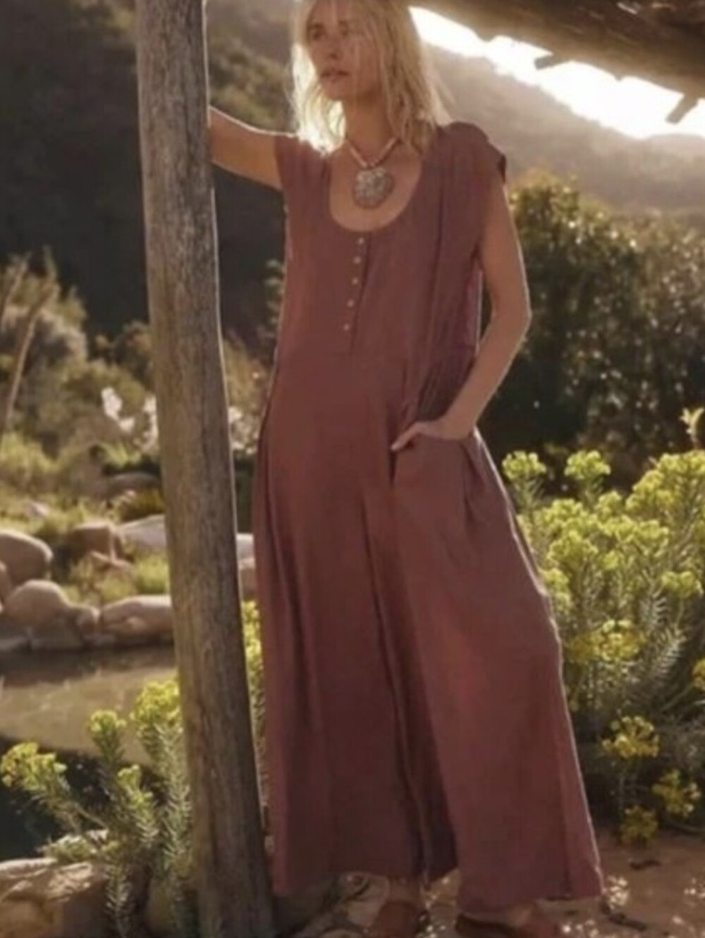 Free People Mauve Button-Front Sleeveless Jumpsuit